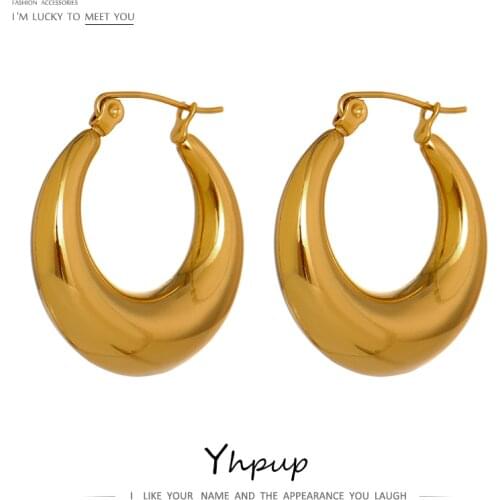 Yhpup Statement Stainless Steel Geometric Hoop Earrings Jewelry for Women Trendy Metal Texture 18 K Earrings Golden Accessories