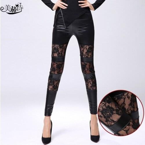 Legins Punk Gothic Fashion Women Leggings Sexy PU Leather Stitching Embroidery Hollow Lace Legging For Women Leggins Rose101