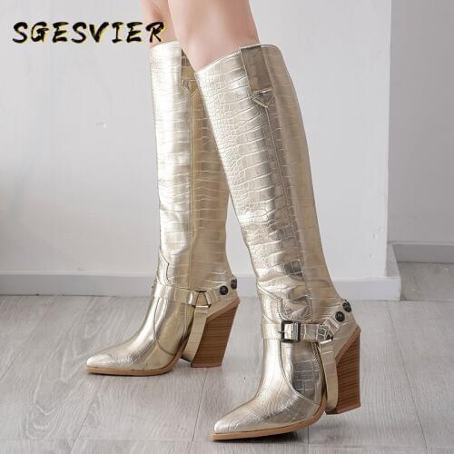 SGESVIER 2020 Fashion women boots thick high heels knee high boots pointed toe gold winter boots high quality knee high boots