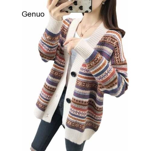 Women Autumn Fashion Vintage Jacquard Knitted Sweater Coats Office Lady V-Neck Long Sleeve Single Breasted Casual Wild Cardigan