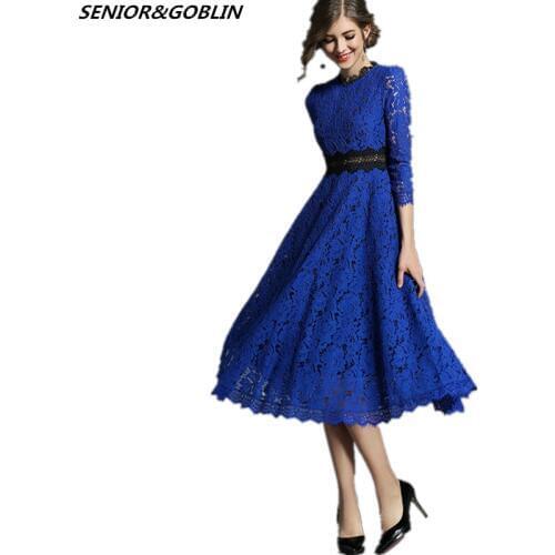 2019 New Arrival Women High Quality Luxury Runway Dress New fashion elegant vestidos Spring Blue khaki Lace Patchwork Long Dress