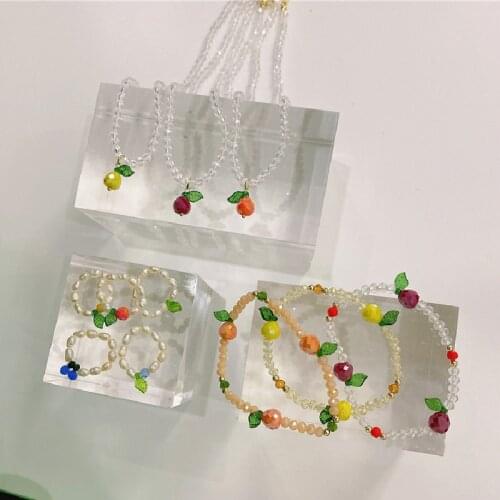 AOMU Korean Retro Geometric Crystal Fruit Leaf Ring Cute Transparent Beaded Rings Finger Rings for Women Jewelry Accessories