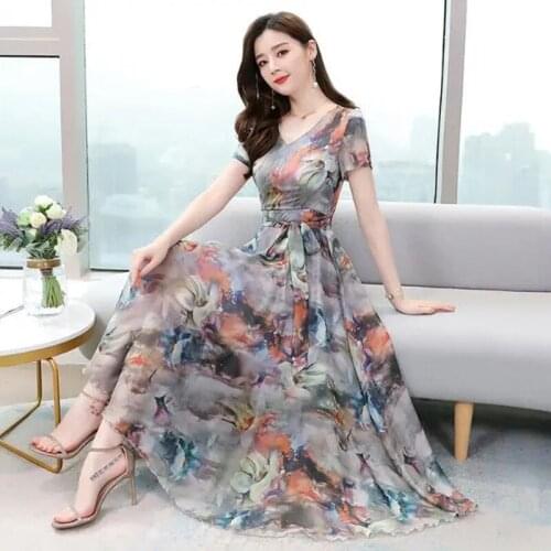 2021 Summer new dress short-sleeved chiffon print dress female slim slimming long skirt