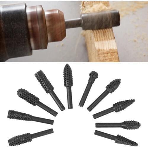 10Pcs Carbon Steel Rotary Burr Set Rasp File Drill Bits Electric Rasp File For Woodworking Carving Tool With 1/8 Inch Shank