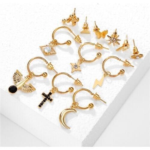 12 Pairs Cross Moon Earrings Set For Women,2020 Gold Vintage Black Crystal Lightning Earring Fashion Star Female Brincos Jewelry