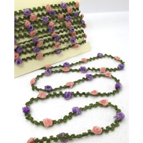 2 Yards Woven Rococo Ribbon Trim with Pink and Purple Rose Flower Buds|Decorative Floral Ribbon|Scrapbook Materials|Clothing