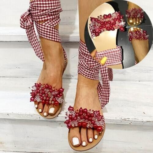 2020 Women Flat Sandals Ankle Strap Beaded Special Handmade Sandals Womens Shoes Beach Sandals Plus Size 35-43