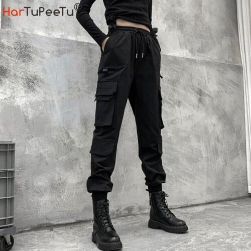 2021 Spring Summer Cargo Pants Women Lace-Up Elastic Waist Trouser with Pockets Hip Hop Bunch Bottom Gothic Black Long Pants