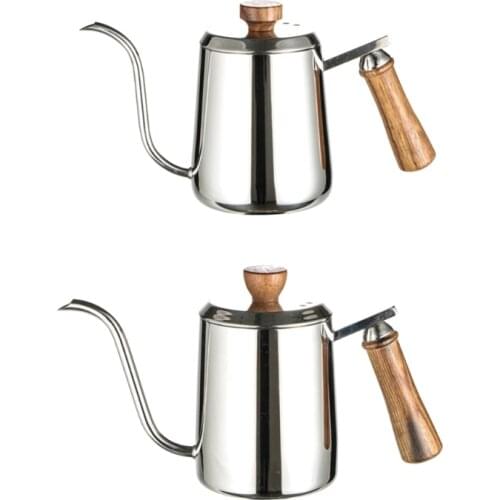 300/600ml Stainless Steel Coffee Kettle Gooseneck Spout Pour Over Thin Mouth Retro Tea Pot with Scale Wooden Handle
