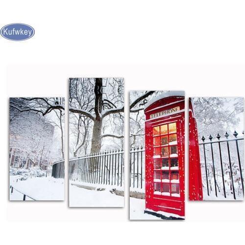 4pcs/set city snow view,diamond Painting home decoration,Cross Stitch rhinestone,5D Diamond Embroidery mosaic stickers