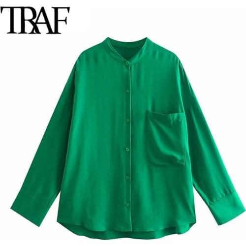 TRAF Women Fashion With Pockets Loose Fitting Asymmetry Blouses Vintage Long Sleeve Button-up Female Shirts Chic Tops