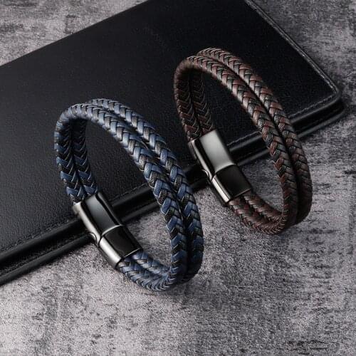 Janeyacy Listing Double weave Leather Bracelet Mens Popular Jewelry Magnetic buckle Stainless Steel Ladies Bracelet Pulseira