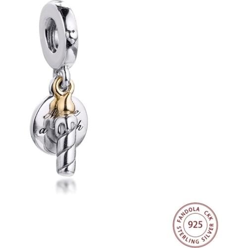 Fits Pandora Bracelet Charms 925 Sterling Silver Two-tone Birthday Candle Dangle Beads Women DIY Jewelry Making Bijoux Femme