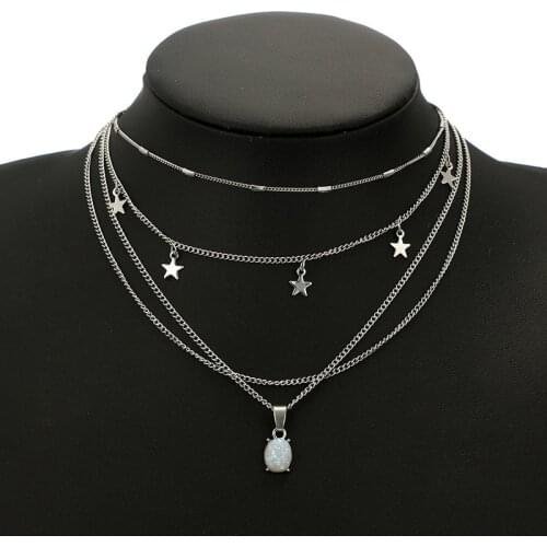 European And American Fashion Classic Beautiful Bohemian Simple Crystal Pentagram Geometric Oval Pendant Multilayer Necklace