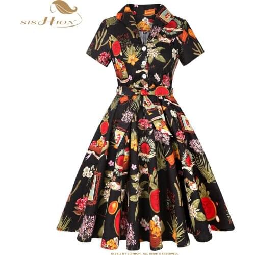 SISHION 50s 60s Vintage Cotton Black Dress SD0002 Short Sleeve Swing Rockabilly Summer A-Line Dress