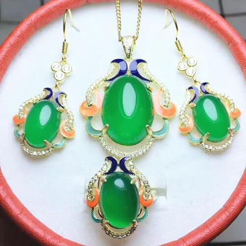 Jadery Charm Women Jewelry Sets Natural Green Jade Gems Necklace/Earrings/Ring Ethnic Silver 925 Jewelry Black Friday 2019 Deals
