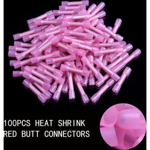 Red Insulated Electrical Heat Shrink Butt Terminals 100pcs/lot Wire Cable Crimp Splice Butt Connectors 18-22 AWG/1.5-2.5mm2 Kit