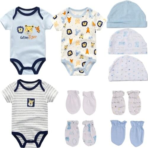 Newborn Boy Clothes Set 100% Cotton 3Pcs Bodysuits+3Pcs Hat+4Pcs Gloves Baby Girl Birth Gift Clothing Infant Summer Outfits Soft
