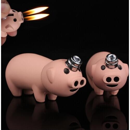 Creative Compact Little Piggy Jet Lighter Butane Pig Inflated Dual Nozzles Free Fire Lighter Bar Metal Funny Toys No Gas