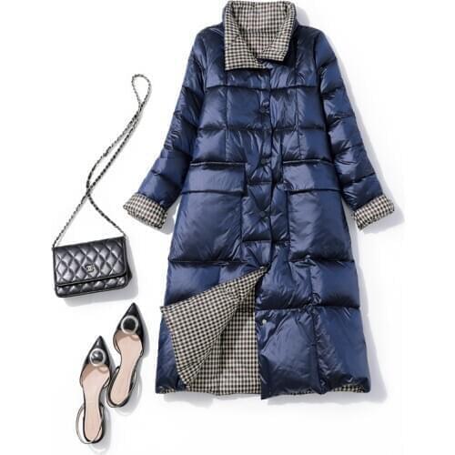 FTLZZ Women Double Sided Down Long Jacket Winter Turtleneck White Duck Down Coat Stand Collar Single Breasted Warm Snow Outwear