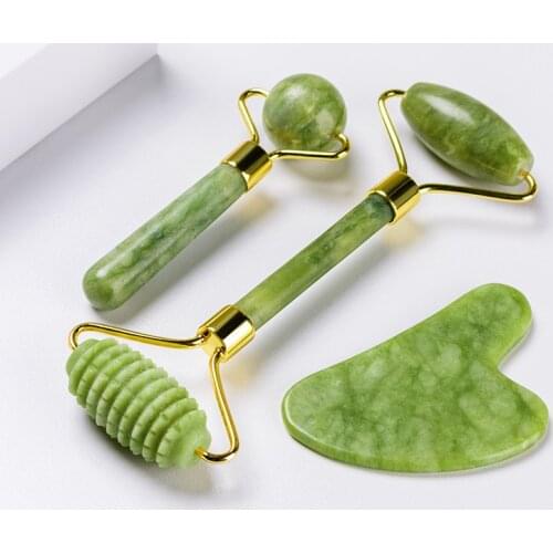 3 in 1 Facial Massage Roller Guasha Board Kit Double Heads Jade Stone Face Lift Skin Relaxation Slimming Gua Sha Beauty Tool