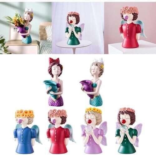 Cute Girl Shape Flower Vase Resin Home Office Desktop Figurine Photo Prop