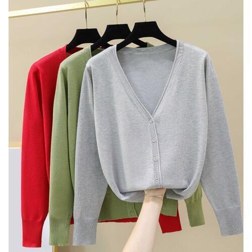 Fashion Thin Tops womens Spring and autumn new Casual knitted V-Neck Sweater Solid color Long sleeve Short Cardigans