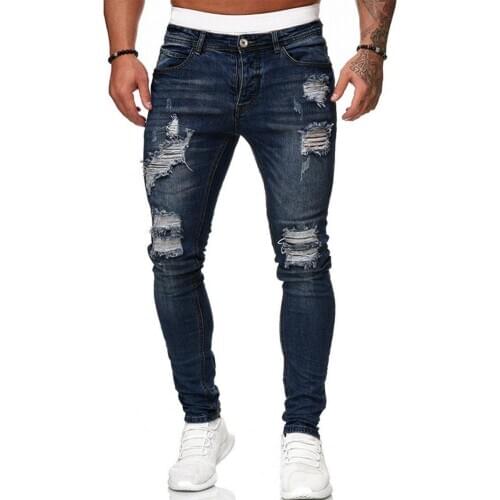 Men Stylish Ripped Hole Jeans Denim Pants Pockets Button Skinny Long Trousers Fashion 2021