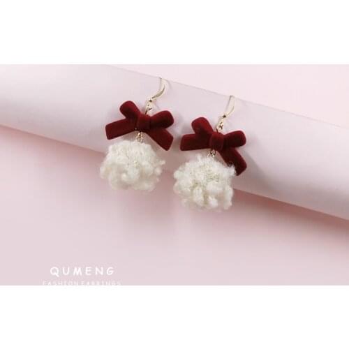 New Arrival Sweet Winter French lady vintage velvet bow lamb wool ball Plush Earrings Ear cli lovely girl jewelry christmas gift