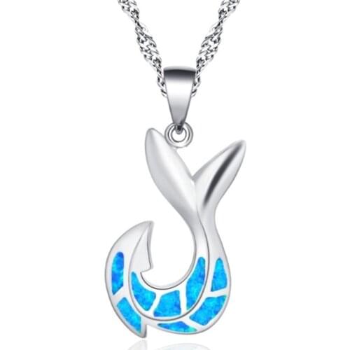 Luxury Silver color Blue Opal Choker Pendant Necklace Women Cute Fish Tail and Fish Hook Necklaces Creative Chain Boho Jewelry