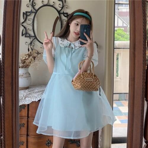 Dress Temperament Doll Collar Short-sleeved Dress Female Summer New Style Skirt High Waist Thin A-line Skirt Short Skirt