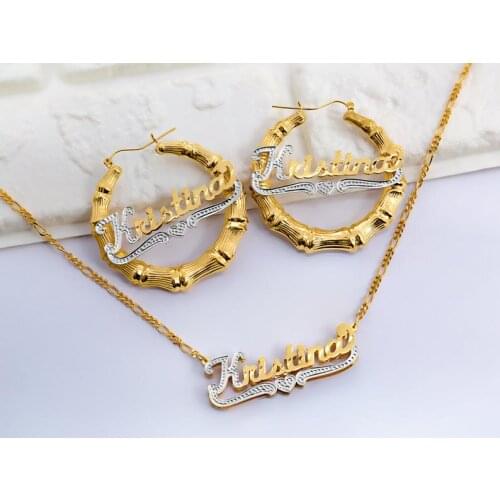 Nameplate Earring Set Gold Silver Bamboo Earring Name Jewelry Personalized Jewelry Name Hoop Earrings Nameplate Necklaces Set