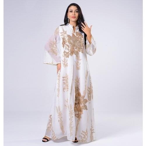 Sequins Embroidered Abaya Dress For Women Moroccan Kaftan Turkey Arabic Jalabiya White Islamic Ethnic Robe 2021 Eid New