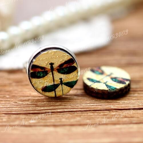 Unique 3D Dragonfly Embossed 16mm Round Coloured Drawing pattern Laser Cut wood Cabochon DIY for Rings, Earring,Brooch,Necklace