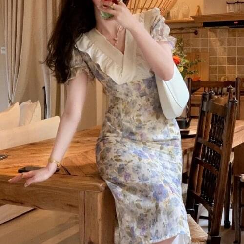 Vintage Print Floral Dress Women Summer High Waist Beach Outing Elegant Split Dress Patchwork V-Neck Casual Party Dress 2021