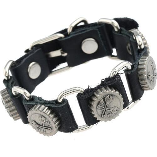 Fashion Men Leather Belt Bracelet Cuff Unique Wrench Gear Charms Wristbands Retro Bangle Wrap Black Brown Vintage Casual Jewelry