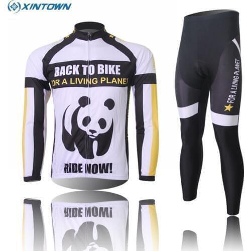 XINTOWN Winter New Mens Panda Long Sleeve Cycling Jerseys Bib Pant Suit Thermal Fleece Bike Clothing