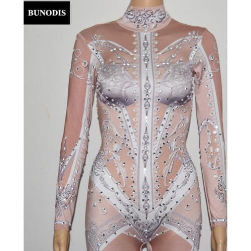 ZD063 Pink Girl Sparkling Crystals Stones Jumpsuit Christmas Celebrate Nightclub Performance Stage Costume Sexy Bodysuit