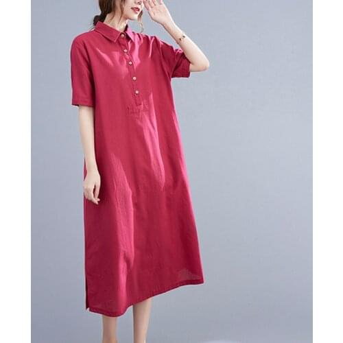 2021 New Arrival Korea Style Turn-down Collar Shirts Blouse Dress Thin Soft Cotton Linen Loose Women Travel Casual Midi Dress