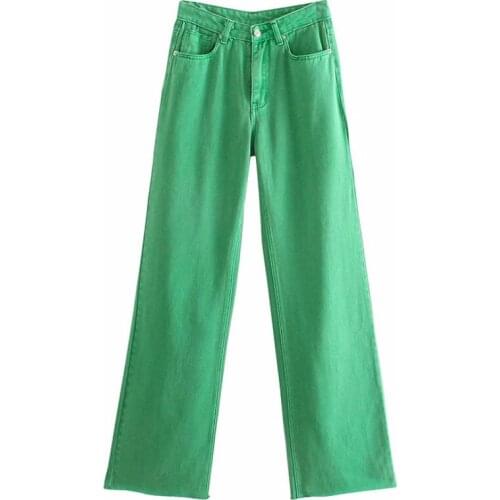 Aonibeier Green Jeans Spring Summer Fashion Raw Hem High Waist Casual Women Trousers Female Straight Denim Pants Bottoms