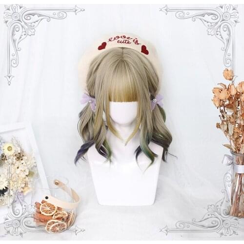 Female Medium-Length Wavy Curly Golden Bangs Wig Hair Tail Colorful Gradual Change Women Wigs Lolita Cosplay Party