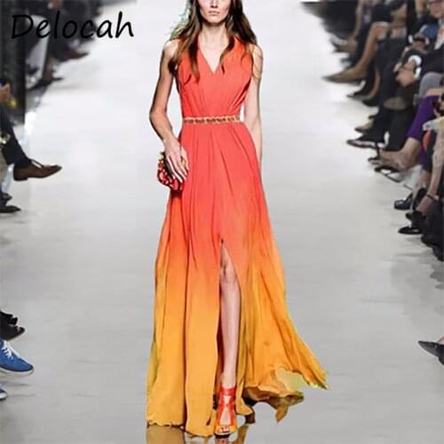 Delocah New 2021 Summer Women Fashion Runway Maxi Dress Sexy V-Neck High Waist Print Ladies Split Holiday Long Dresses Vestidos