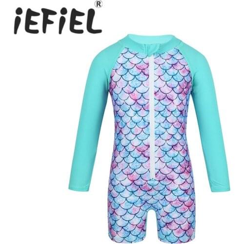 Little Girls One-piece Long Sleeves Mermaid Fish Sales Pattern Printed Rash Guard Swimsuit Swimwear Bathing Suit Swim Beachwear