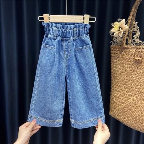 Spring Autumn Girls Jeans Baby Denim Pants Kids Trousers Children Bottoms Wide Leg Pockete Patch Bud Waist 1-7 girls jeans