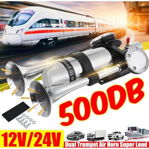 500DB Dual Trumpet Electric Horn Loud Chrome Air Horn Speaker Kit 12V/24V With Air Compressor For Train Truck Lorry