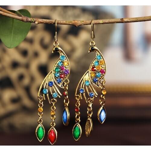 Ethnic Womens Peacock Indian Tibetan Jewelry Gypsy Vintage Tribe Corful Stone Tassel Boho Earrings Jhumka Earrings