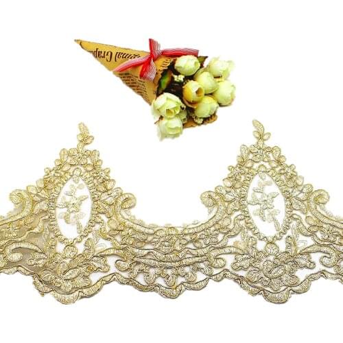YACKALASI Gold Lace Fabrics Appliqued Champagne Gold Embroidered Wedding Lace Mesh Fabric Scalloped Sewing Trims Soft Tulle 26CM