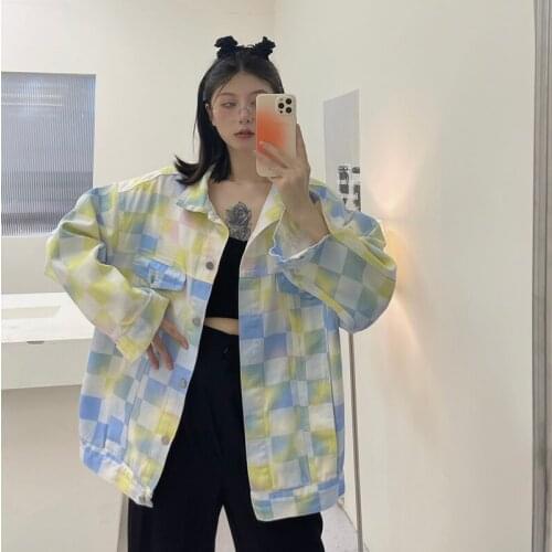 Harajuku Personalized Color Plaid Commuter Straight Long Sleeve Jacket 2021 Autumn New Womens Casual Loose Wild Denim Jacket