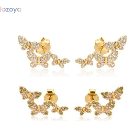 LOZOYA 925 Sterling Silver Three Butterfly Pendiente Luxury Stud Earring Colorful Olive Champagne Piercing Zircon Jewelry Gift