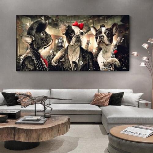 Dog Holding Microphone and Guitar Wall Painting for Living Room Dog Playing Music Decorative Posters on Canvas Home Decoration